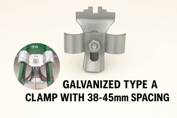 A saddle clip securing a piece of metal bar grating to a steel beam.